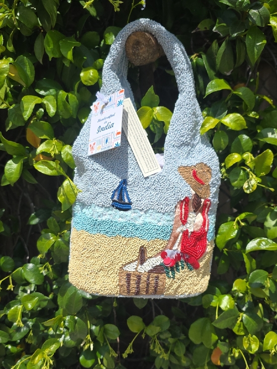 Handcrafted in India Handbags - Beaded Beach Scene Tote Bag - Light Blue & Sand